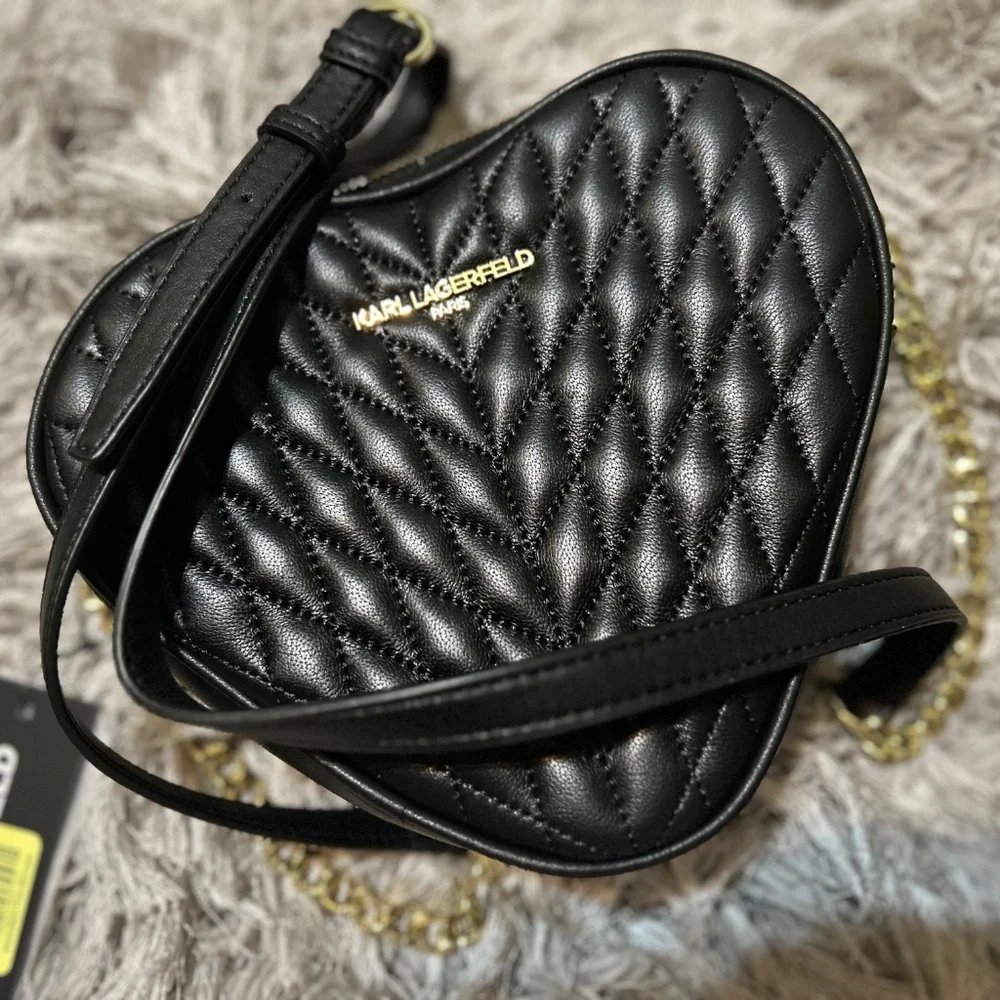 Karl Lagerfeld Paris Quilted Heart Kosette Leather Crossbody Bag Black - Picture 2 of 5